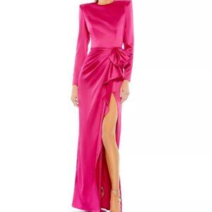 Mac Duggal Magenta Pink Satin Bow Long Sleeve Column Gown